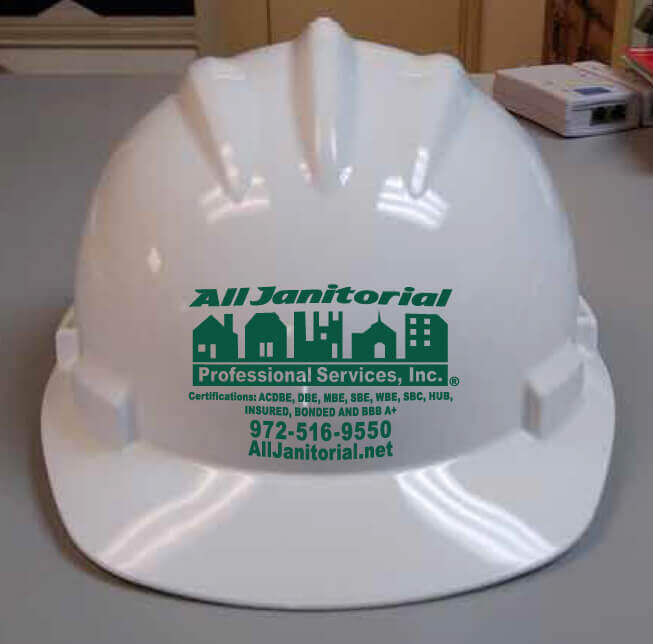 hardhat with logo and contact information